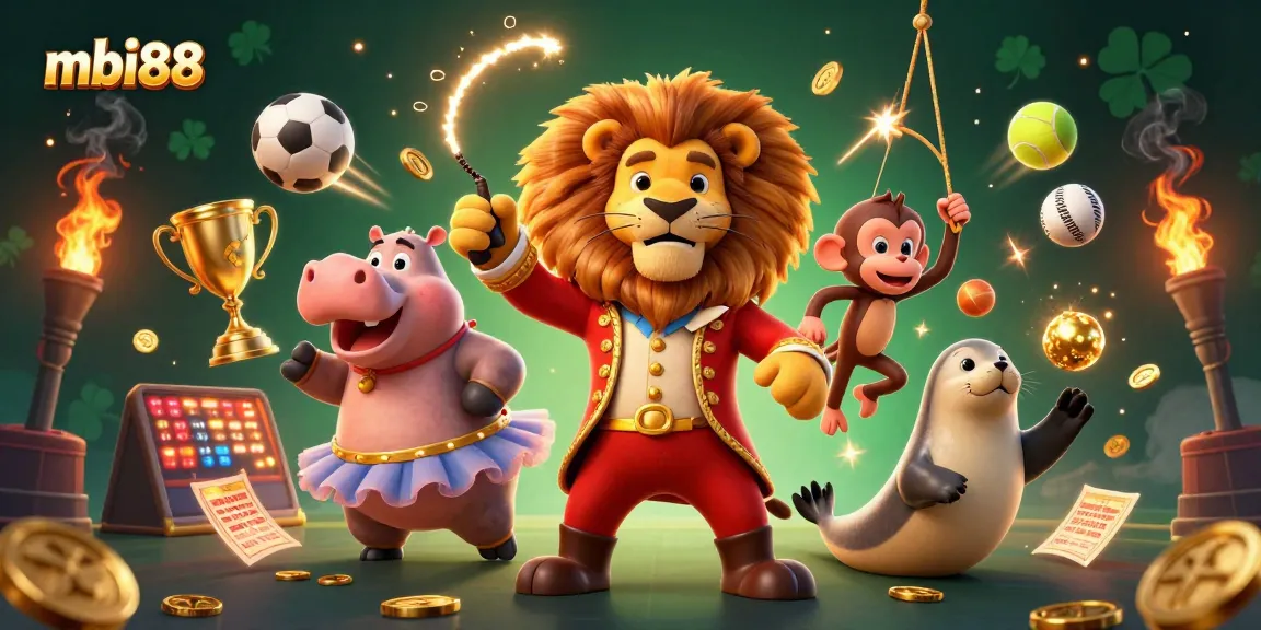 Engage with thrilling games on mbi88, showcasing a vibrant circus scene with characters and casino elements.