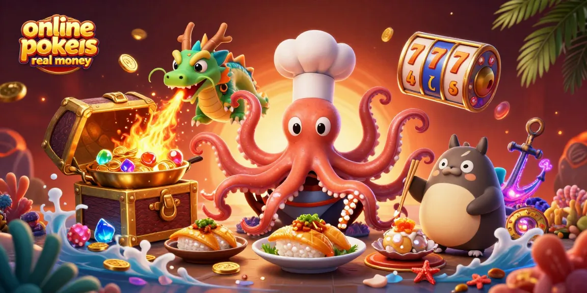 Engage with online pokies real money through vibrant visuals of a sushi chef octopus and magical dragon.