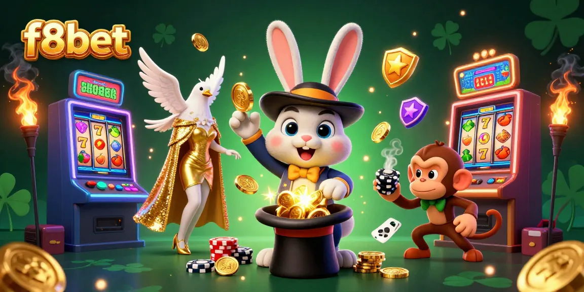 Experience the excitement of f8bet with a magician rabbit, a dove, and monkey surrounded by slot elements.