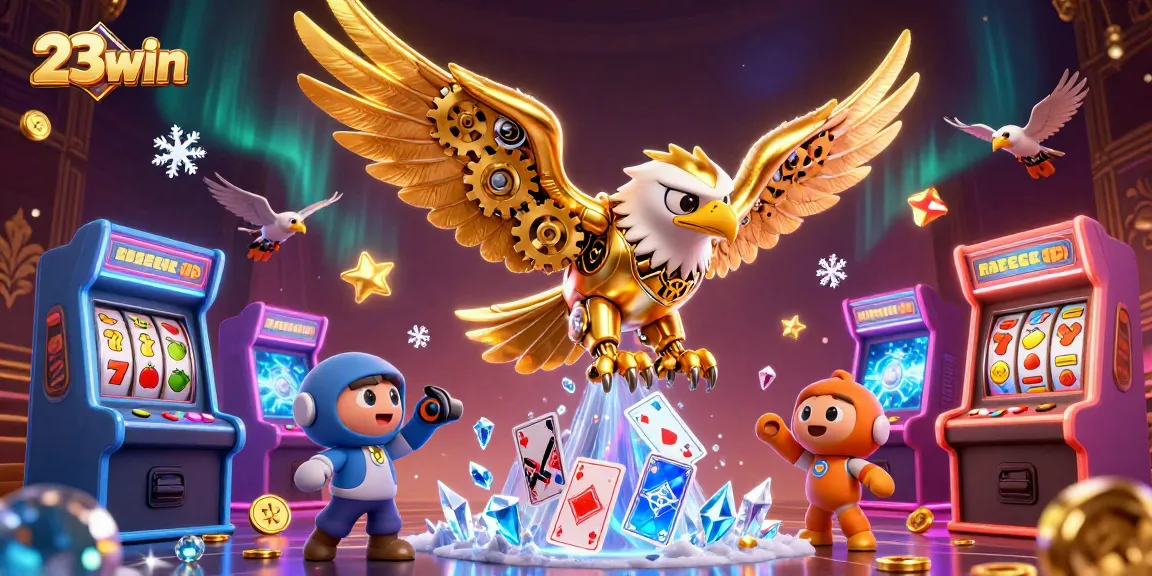 Experience thrilling 23win action with a cybernetic eagle surrounded by vibrant gaming elements.